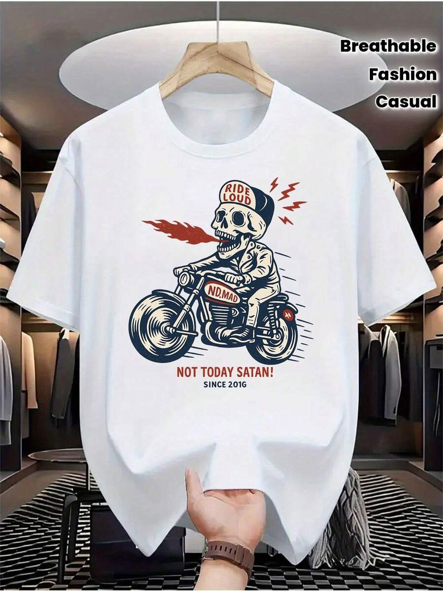 Camiseta gráfica de motocicleta con calavera para hombres - 100% algodón, atrevida "¡No hoy, Satán!" Camiseta estampada, top casual de cuello redondo transpirable para todas las estaciones, regalo de estilo biker genial para novio, atuendo diario, diseño audaz, material suave, camiseta de manga corta, entusiastas de la moda - Negro - Ver 1