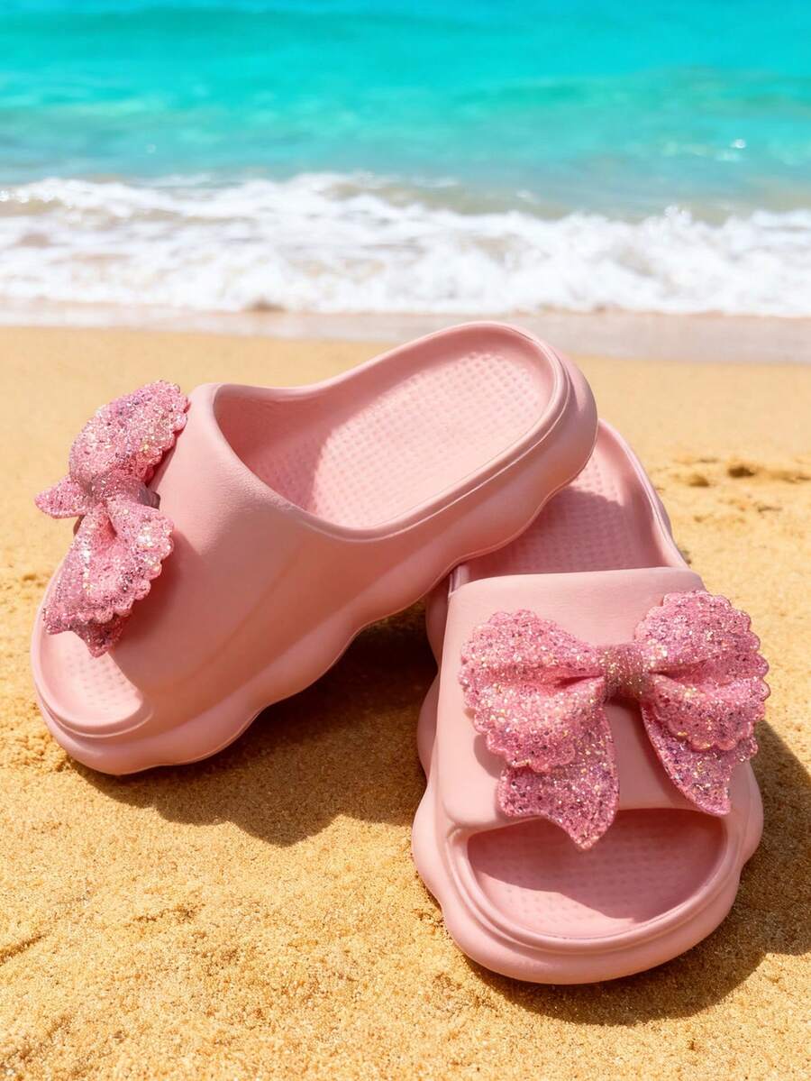Un par de zapatillas de primavera y verano para niños, zapatillas de princesa con lazo de moda y versátiles para la playa para niños - Rosa - Ver 1