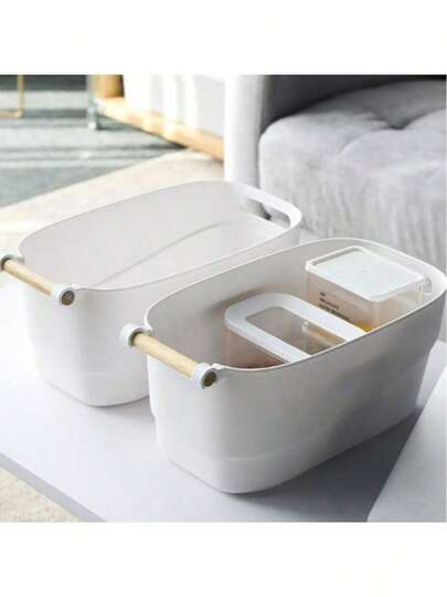 2 Stili Scatola di Immagazzinaggio da Scrivania Trasparente/Opaca Multicolore con Manico in Legno - Scatola Organizzativa in Plastica Rinforzata per Cucina, Bagno, Varie per la Casa