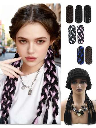 2 szt. 18-calowych syntetycznych peruk z 3 pasmami, warkoczyki w stylu Y2K, kolorowe warkocze z liny, kucyk, z różowymi i czarnymi warkoczami, gumki do włosów o wysokiej elastyczności, do noszenia na co dzień i na imprezy, akcesoria do włosów na imprezę, modne akcesoria do włosów Y2K