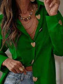 Green Front Button Long Sleeve Blouse For Plus Size Women, Dropped Shoulder Heart-Shaped Button Loose Casual Woven Fabric, Elegant Versatile Work Wear Top Spring - Green - View 2