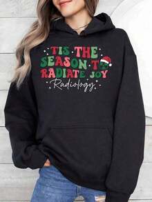 [Free Shipping] Festive Print Christmas Hoodies - Black Casual Hoodies, Medium Elastic Machine Washable Holiday Apparel For Christmas Parties & Family Gatherings, All Season Holiday Hoodies  Sweaters Fall Winter Clothes For Women Hoodies Christmas Halloween Costumes Thanksgiving Outfit Women Gift Printed & Shipped In USA - 黑色 - 查看 4
