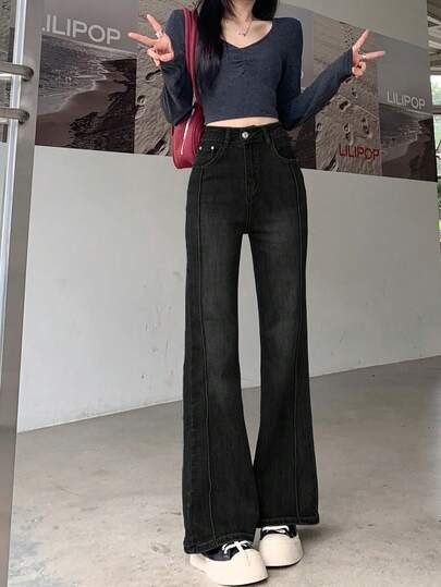 修身复古喇叭弹力牛仔裤，女式及地长裤