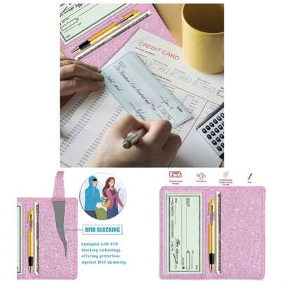 Glitter Checkbook Cover Women, RFID Blocking PU Leather Standard Register Check Book Case With Pen Inserts Divider, Pink
