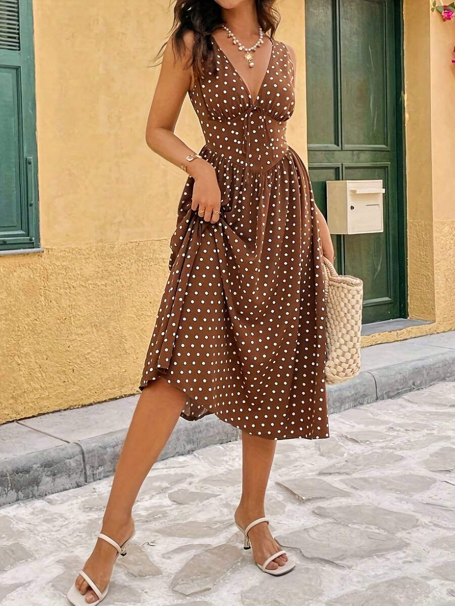 Đầm dự tiệc chấm bi phong cách boho thanh lịch, thắt nút, thích hợp cho kỳ nghỉ. - màu nâu - Xem 1
