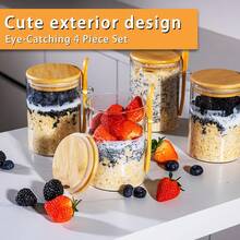 4pcs 16oz Overnight Oatmeal Glass Jar With Lid, Oatmeal Cup With Spoon, Perfect Gift For Meal Preparation, Large Capacity Breakfast Oatmeal Glass Jar, Glass Food Preparation Container, Glass Jar For Storing Oatmeal, Yogurt. - 透明 - 查看 5