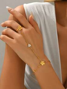 1pc Lucky Four-Leaf Clover Pendant Gold Chain Bracelet, Elegant Stainless Steel Beaded Bracelet, Heart Shell Pendant Bracelet, Waterproof Accessory, Suitable For Women's Daily Wear Or Gift