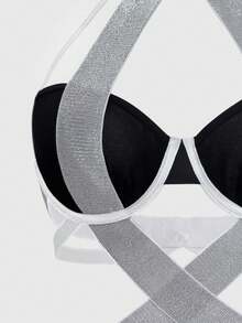 Contrasting Women's Sexy Lingerie Adjustable Halter Strap Attachment 3/4 Cup Type Bodysuit Silver Elastic Waistband Front Hollowed-Out Briefs-Type Comfort Jumpsuits - Black - View 5