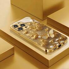 New Diamond Butterfly Pattern Minimalist Niche  Electroplated Gold Tempered Glass Phone Case, Suitable For Apple 17 Pro Max/17 Pro/17/17 Air/16 Pro Max/16 Plus/16/15. Pro Max/15 Plus/15 Pro/15/14 Pro Max/14 Plus/14 Pro/14/13 Pro Max/13 Pro/13/12. Pro Max/12 Pro/12/11 Pro Max/Xs Max/XR/X, Smartphone Case, Screen Protector, Electroplated Surface Treatment, Fashion Pattern, Durable Glass, Streamlined Design, Premium Phone Case, Protective Case,  User,  Follower - Vàng - Xem 7