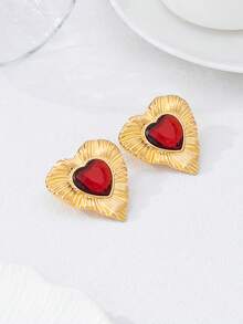 1 Pair/2pcs Fashionable Exaggerated Mini Retro Striped Heart Rhinestone Inlaid Stud Earrings For Women, Suitable For Evening Gala, Vacation, Birthday Party, Gift For Loved Ones - Red - View 3