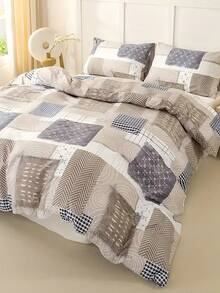 2/3pcs Bohemian Style Patchwork Duvet Cover Set, Khaki Brown Floral Plaid Design, Soft & Skin-Friendly Polyester Fabric, Zipper Closure, Suitable For All Seasons, Good Breathability, Applicable For Bedroom And Guest Room, Ideal For Holiday Gifts. - Camel - View 8