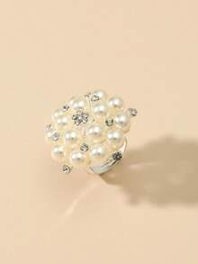 Rhinestone & Faux Pearl Flower Decor Ring Valentines - White - View 5