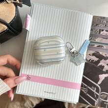Semi-Transparent Pastel Blue & Green Striped Star Decor Earphone Case Compatible With Apple Pro 3/2/1, 4/3/2, Fashionable & Minimalist Earphone Case - Baby Blue - View 4
