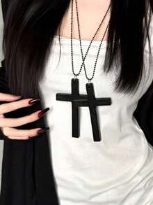 2pc Cross Pendant Long Necklace, Black Wooden & Metal, Unisex Punk Y2K Jewelry For Daily Outfit And Party Accessory - Black Two-piece Set - View 9