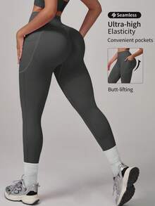 Seamless High Elastic Hip Lift Abdominal High-Waist Sports Leggings For Women, Women Both Sides Of The Pocket Design Leggings,Comfortable Breathable Leggings Suitable For Yoga Fitness Running, Multi-Color Optional (Black/Blue/Gray/Hot Pink/Brown) - Xám - Xem 1