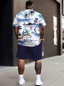 2pcs Big & Tall Men's Hawaiian Coconut Tree & Sailboat Print Casual Loose Fit Short Sleeve T-Shirt + Shorts Set - Blue - View 2