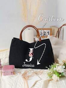 1pc Customizable Name Folding Canvas Tote Bag, Unique, Lightweight, High Capacity, Casual, Fashionable, Delicate Romance,Custom Bridesmaid & Beach Tote - Personalized Canvas Handbag With Name, Perfect For Weddings, Bridal Parties & Travel - Ivory, Perfect Holiday Personalized Gift For Halloween/Christmas/Thanksgiving.Suitable As A Hand Bag, Shoulder Bag, Casual Or Shopping Bag,Students, Freshman, Sophomore, Underclassmen, - Multicolor - View 4