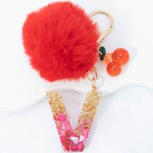 1 Piece Of Rose Red English Letter Resin Keychain With Bubble Hair Ball And Red Cherry Decoration 18K Gold Lobster Buckle Design, Suitable For Bag Chains, Mobile Phone Hanging Chains, Keychains, And Gifts For Friends And Mothers - Red - View 18