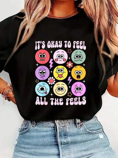 100% Cotton It's Okay To Feel All The Feels Funny Mental Health T-Shirt Graphic T-Shirts For Men And Women, Casual Printed Short-Sleeved Women's Tops, Women's Clothing