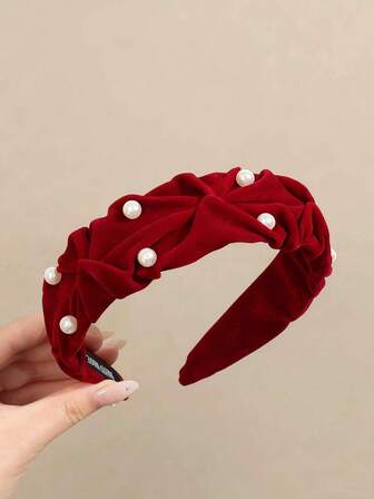 1pc Fashion Fall Decor Flocked Pearl Pleated Headband, Versatile Wide-Brimmed Hair Accessory, Autumn/Winter