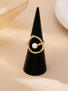 1 pieza Anillo minimalista y elegante con diseño geométrico hueco y perla en tono dorado, adecuado para uso diario, citas, oficina y otras ocasiones de las mujeres - Amarillo Oro - Ver 5