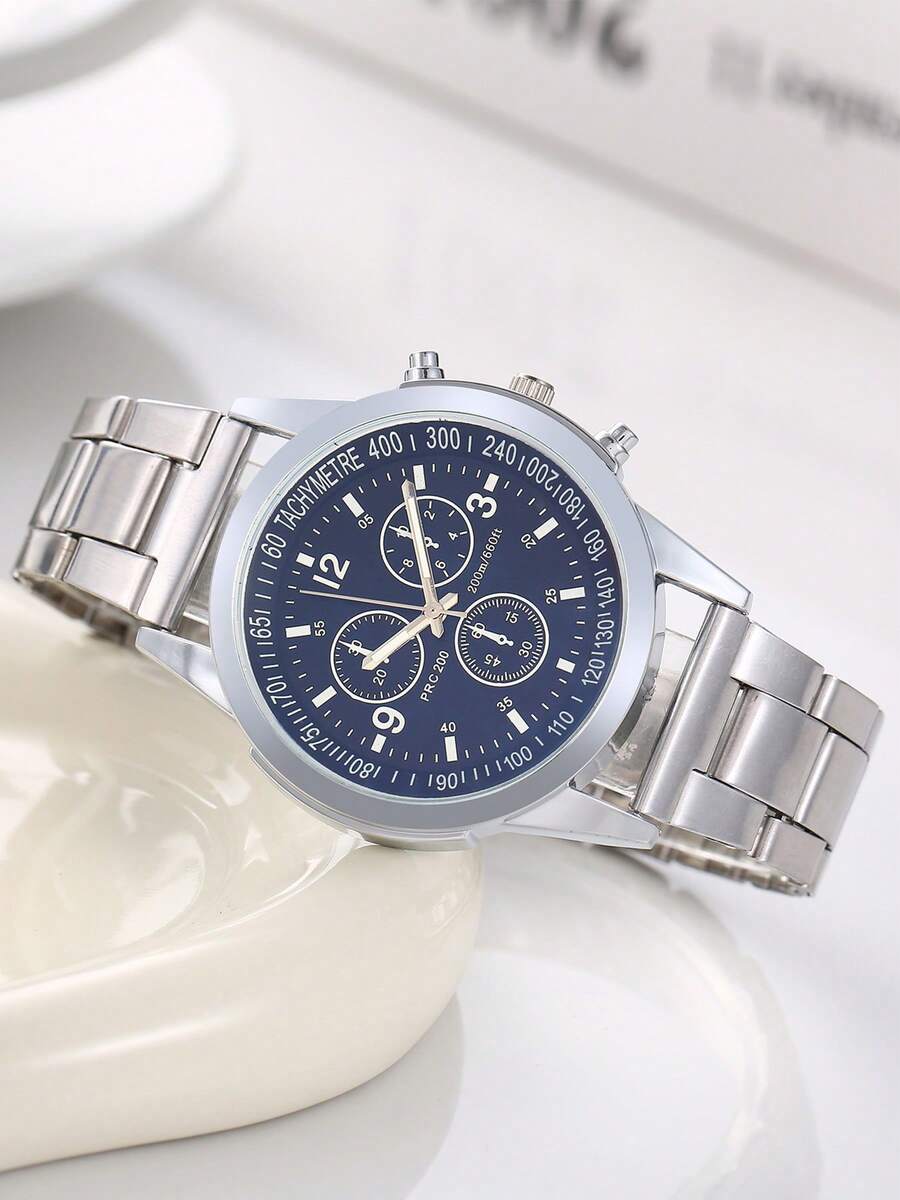 1 件休闲商务男士仿三眼时尚钢带手表 - 黑色 - 查看 1