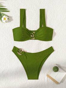 2pcs Sexy High Cut Skin Color Lingerie Set, Delicate Accessory Design, Spring/Summer Vacation Beach - Light Green - View 3