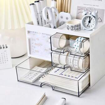 1 pieza Organizador de escritorio minimalista con cajón para bolígrafos y artículos de papelería - Almacenamiento de gran capacidad para oficina, estudiantes, arte y manualidades | Organizador de estantería apilable, gabinetes con cajones, accesorios para escritorio escolar | Caja de almacenamiento DIY ensamblada para lápices, marcadores, maquillaje, suministros de oficina