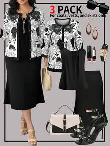 Damen Große Größen Set aus Blumen-Cardigan und schwarzem Rock, elegantes Outfit mit Rundhalsausschnitt, normale Ärmel, mittlere Stretchqualität, Knopfdetails - Schwarz - Übersicht 3