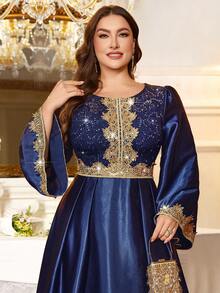 Plus Size Sequin Floral Lace Patchwork Gold Trim Long Sleeve Satin Hem Elegant Evening Gown, Wedding Guest Dress, Suitable For Birthday, Homecoming Dance - Navy Blue - View 7
