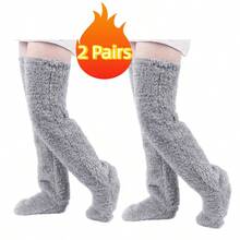 两双毛绒过膝袜，男女通用，保暖柔软，秋冬季大腿袜