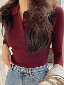 New Women's Ribbed Polo Knit Sweater, Slim Fit, Versatile For Commuting, Autumn/Winter - Burgundy - View 4