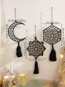 1/3 chiếc đồ trang trí hình trăng lưỡi liềm và sao màu đen, thiết kế rỗng nhẹ với tua rua mềm mại, phong cách Boho hiện đại, tác phẩm nghệ thuật hình trăng lưỡi liềm và sao, thích hợp để trang trí tường nhà, cửa sổ/cửa ra vào, tiệc tùng, phòng khách và phòng ngủ ấm cúng. - Gỗ đen - Xem 4