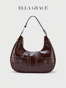 ELLA GRACE- Vintage Brown Crescent Shoulder Bag For Women, PU Leather Biker Style Hobo Purse With Metal Buckle, Retro Work Tote, Gift For Her