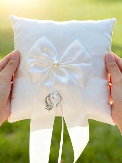 婚礼花童篮及戒指枕，配缎带蝴蝶结、珍珠手柄，派对及家居装饰（不含戒指）