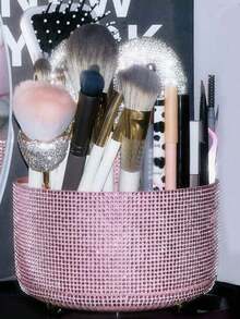 1pc-Encrusted Hexagon Makeup Brush Holder, Large Capacity, Colorful-Studded Luxurious Shiny Surface, Hexagonal Cylinder Shape, Tidy Edges, Vanity Accessory Bedroom Dresser, Makeup Room Desk - 彩色 - 查看 6