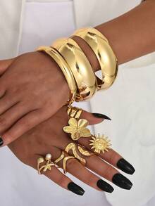 Set de 9 piezas de pulseras tipo brazalete vintage de oro grueso, con dijes de estrella de mar, girasol, perlas falsas, conchas falsas y anillos geométricos bohemios, adecuado para mujeres en vacaciones, citas, fiestas y uso diario - Amarillo Oro - Ver 2
