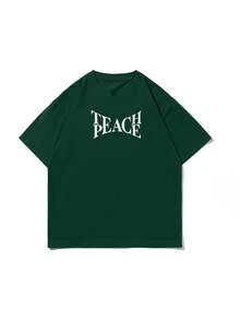 K-GLORY Men's Casual Versatile Minimalist Street "PEACE" Wing Graphic Print Short Sleeve T-Shirt - Dark Green - View 6