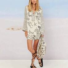 Elegant Women'S A-Line Evening Dress - Black & Golden Geometric Print Mock Neck Long Sleeve Dress With Pleated Detail, Mid-Length Formal Party Dress Spring/Fall, Loose Fit, No Belt, Elegant Event Attire| Sophisticated Style| Pleated Detailing, Dress Printed Satin Two-Piece Set - 黑色 - 查看 3