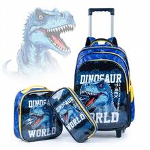 Dinosaur Rolling Backpack Kit For Boys, Complete With Lunchbox And Pencil Case - Ideal Gift - Back To School Kit - Blue - View 1