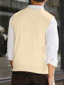 Men's Casual Versatile Solid Color Knit Sweater Vest, For Fall Winter - Beige - View 2