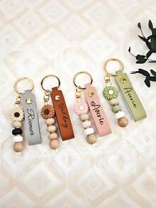 Customized Personalized Keychain, Daisy Keychain, Daisy Beaded Keychain, Faux Leather Keychain, Flower Girl Gift, Teacher Gift, Birthday Gift, Beaded Keychain, Key Accessories, Valentine's Day Gift, Car Accessories, School Supplies, Cute Gothic Style - Multicolor - View 5