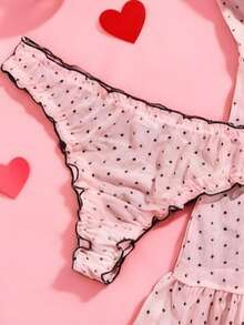 2pcs Polka Dot Nightgown Sexy Women Sheer Mesh Lingerie Chemise Slip Dress Set (With Panty)