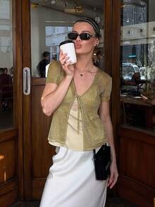 Women's V-Neck Solid Color Hollow Semi-Sheer Lace-Up Casual Short Sleeve Knit Cardigan, Suitable For Vacation And Travel