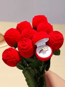 经典塑料玫瑰花戒指盒，植绒玫瑰花戒指盒，情人节惊喜礼物，求婚玫瑰耳环盒，植绒内衬，布边，按扣式封口，求婚/表白礼物，耳环造型，无需用电，珠宝盒 - 彩色 - 查看 6