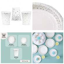 Serves 50 Guests Silver Party Supplies, 150 Piece Disposable Paper Plates and Cups Wedding, Birthday Decorations Foil Polka Dotted Design - Plateado - Ver 1
