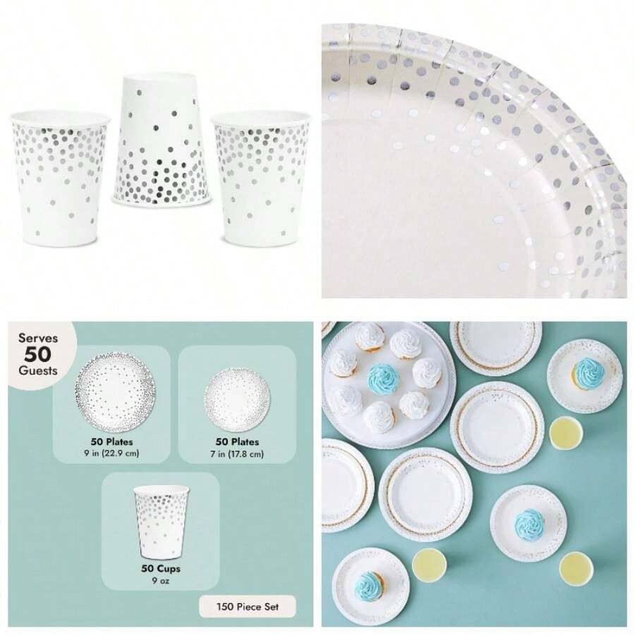 Serves 50 Guests Silver Party Supplies, 150 Piece Disposable Paper Plates and Cups Wedding, Birthday Decorations Foil Polka Dotted Design - Plateado - Ver 1
