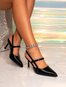 1 Pair Solid Color Pointed Toe Hollow Out High Heel Pumps, Suitable For Commuting And All Seasons - Black - View 3