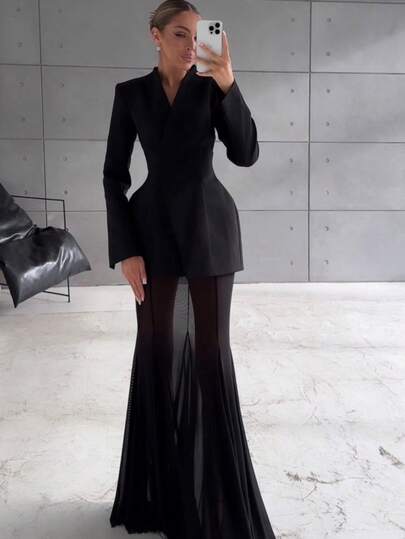 Vuaslt Women's Elegant A-Line Fashionable Mesh Sheer Vintage Asymmetric Fishtail Dress, Black Formal Gown, Suitable For Valentine's Day, Beach, Wedding Guest, Birthday And Other Occasions, Graceful Dress, Holiday Attire