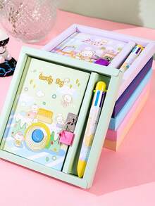 Cartoon Character Lockable Notebook Set, Cute Girl Series, Lock And Key, Stationery Organizer Box, School Supplies, Diary/Journal, Pen Holder